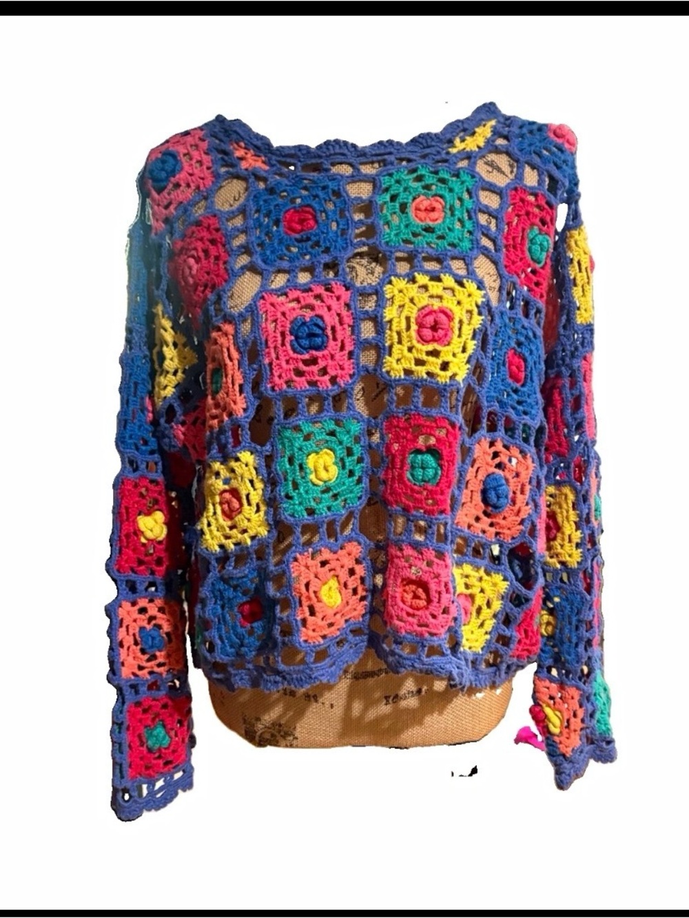 90s Hand Knit Crochet Granny Square Floral Open-Knit Sweater One Size Crew Neck